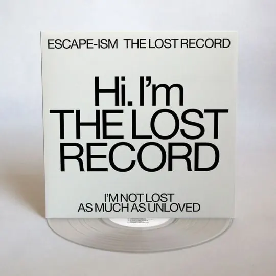 Album jacket with deconstructed headline hierarchy, minimal, dark-mode, light