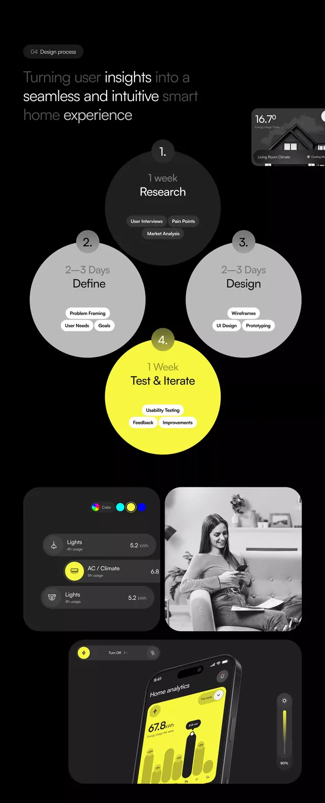 Dark digital product with circular information architecture, minimal, dark-mode, dark