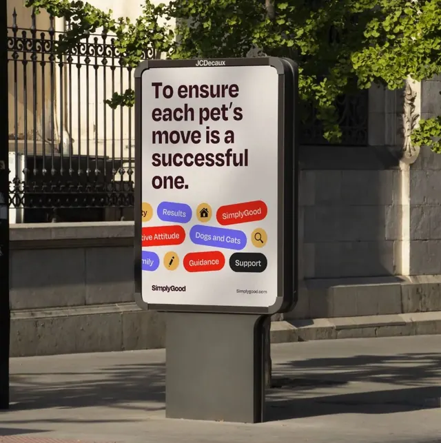 Branded signage with bold headline and colorful tag pills, minimal, corporate-clean, light