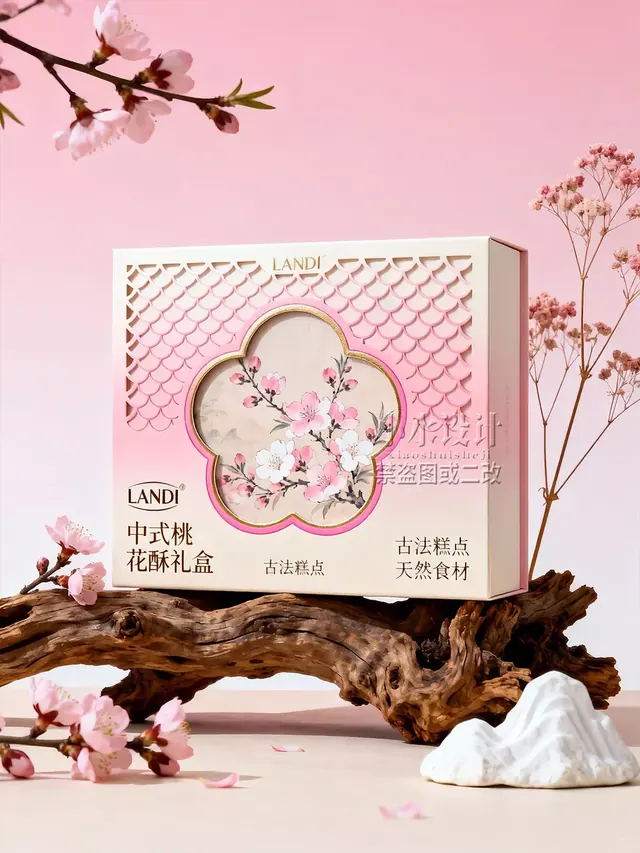Landi Chinese pastry box with floral window and scale pattern, minimal, illustrated, light
