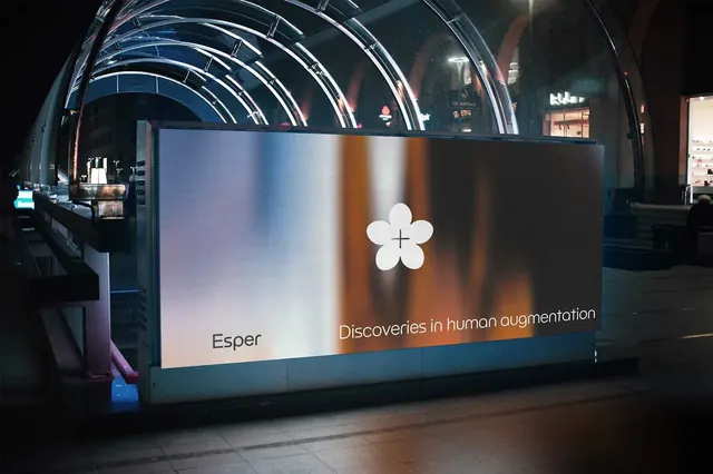 Esper biotech billboard with gradient and curved architecture, minimal, corporate-clean, dark