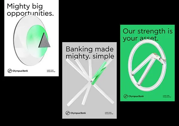 Olympus Bank fintech identity system with geometric marks, minimal, corporate-clean, light