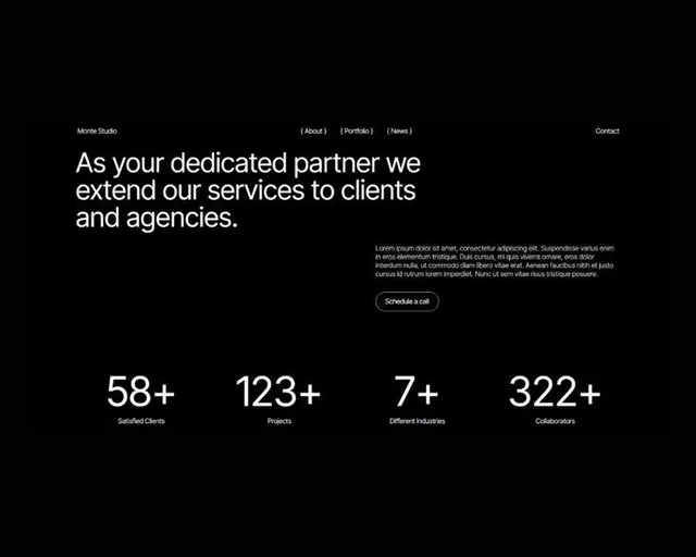 Dark agency footer with KPI statistics and trust narrative, minimal, corporate-clean, dark