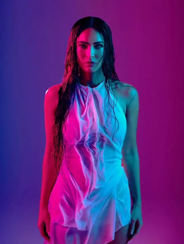 Neon Portrait of Woman in Silk, gradient-heavy, photographic, vibrant