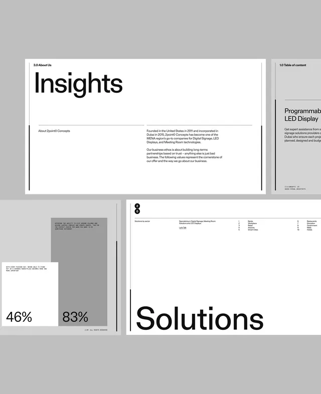Monochrome insights and solutions deck, minimal, corporate-clean, dark