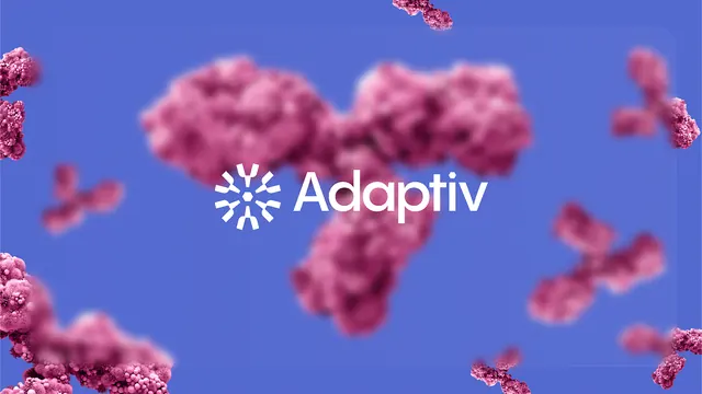 Adaptiv brand with fluid pink blobs on blue gradient, abstract, gradient-heavy, cool