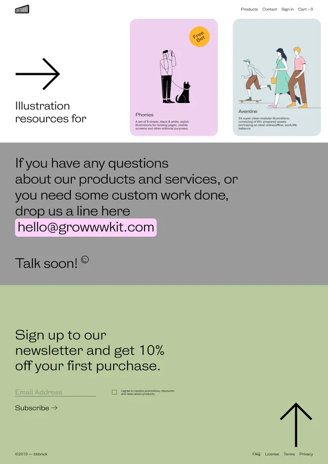 Pastel multi-section footer with illustrated cards and newsletter signup, minimal, corporate-clean, light