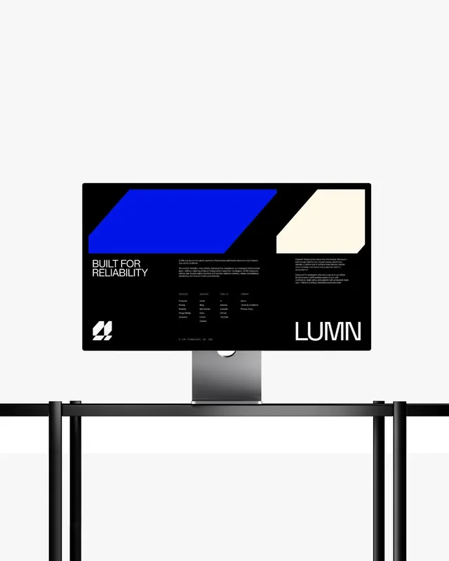 Website footer and brand identity mockup, minimal, geometric, dark