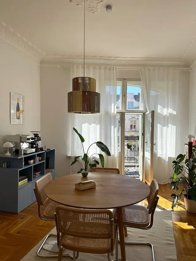 Scandinavian dining interior with mid-century modern furniture, minimal, organic, light