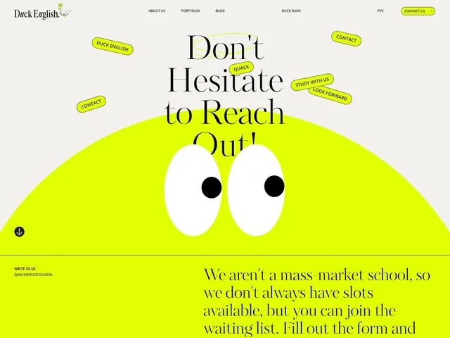 Duck English language school hero with playful callout badges, playful, illustrated, vibrant