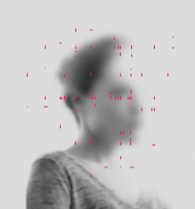Blurred Portrait with Red Grid Overlay, minimal, brutalist, high-contrast
