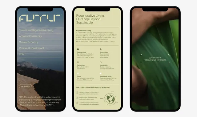 Sustainability app UI in slate, cream, and forest green, minimal, organic, dark