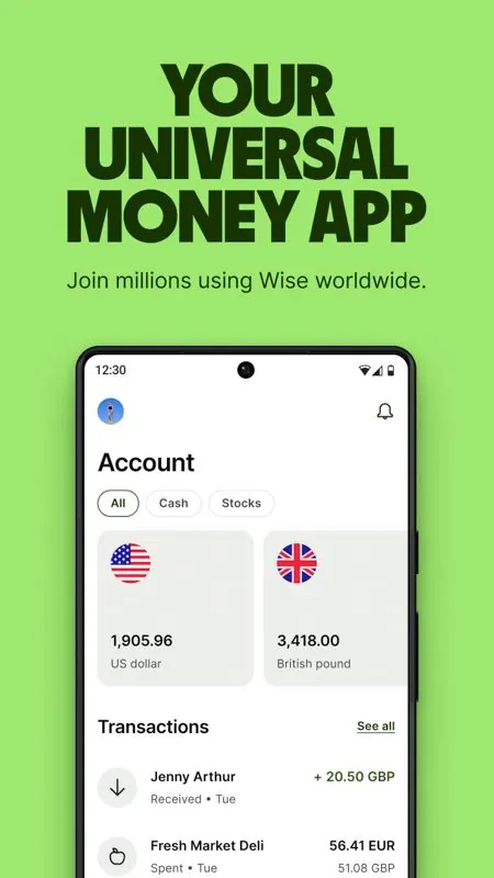 Wise money app hero with phone mockup and multi-currency account display, minimal, flat, vibrant