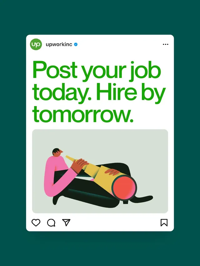 Upwork job-posting social card with illustrated character, flat, minimal, vibrant