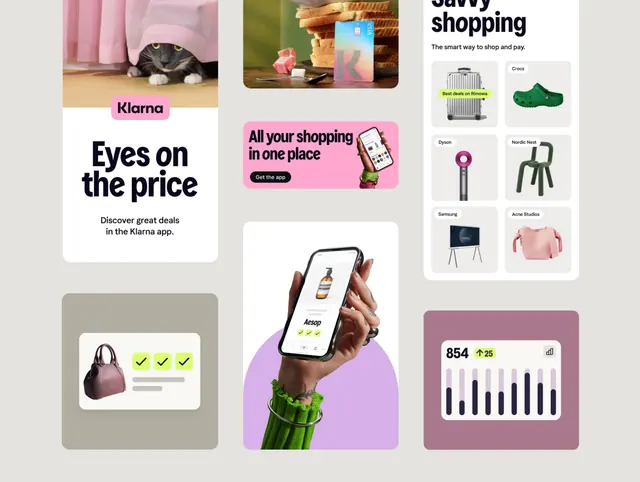 Klarna savvy shopping app marketing collage, flat, minimal, light