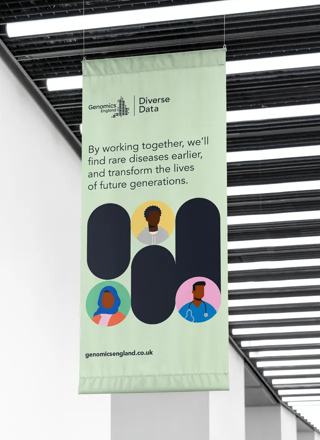 Genomics England vertical banner with diverse avatars, minimal, corporate-clean, light