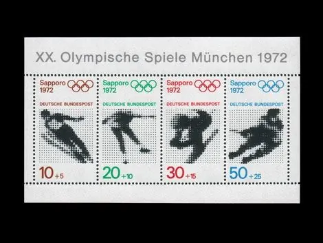 1972 Munich Olympics commemorative stamp sheet, technical, minimal, dark