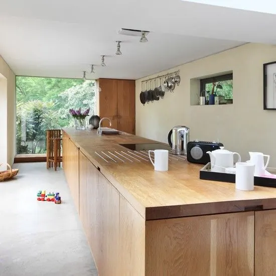Scandinavian kitchen with natural wood island, photographic, minimal, warm