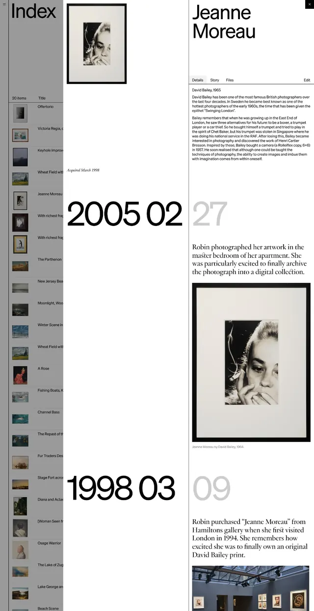 Chronological archive index with photograph specimens, minimal, editorial, light