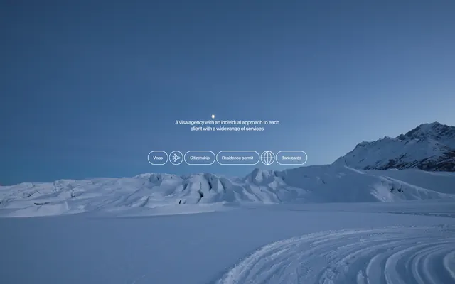 Snowy landscape visa service hero with pill-button navigation, minimal, corporate-clean, light