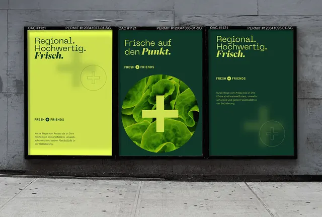 Regional food brand posters with neon-lime and forest-green blocking, minimal, geometric, light