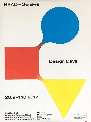 HEAD Geneva Design Days poster with interlocking shapes, geometric, minimal, vibrant