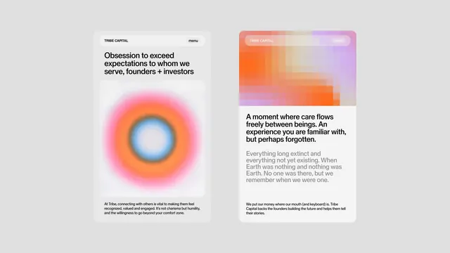 Dual-panel gradient design with radial glow and empathetic messaging, minimal, gradient-heavy, light