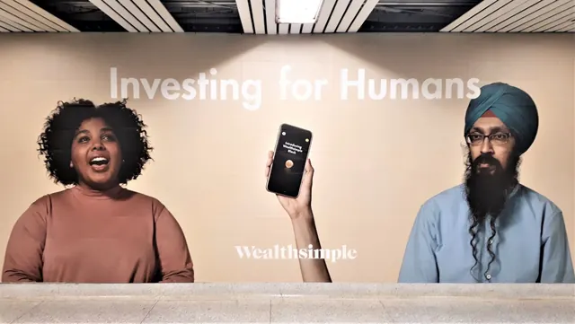 Wealthsimple three-person campaign with oversized type, corporate-clean, minimal, light