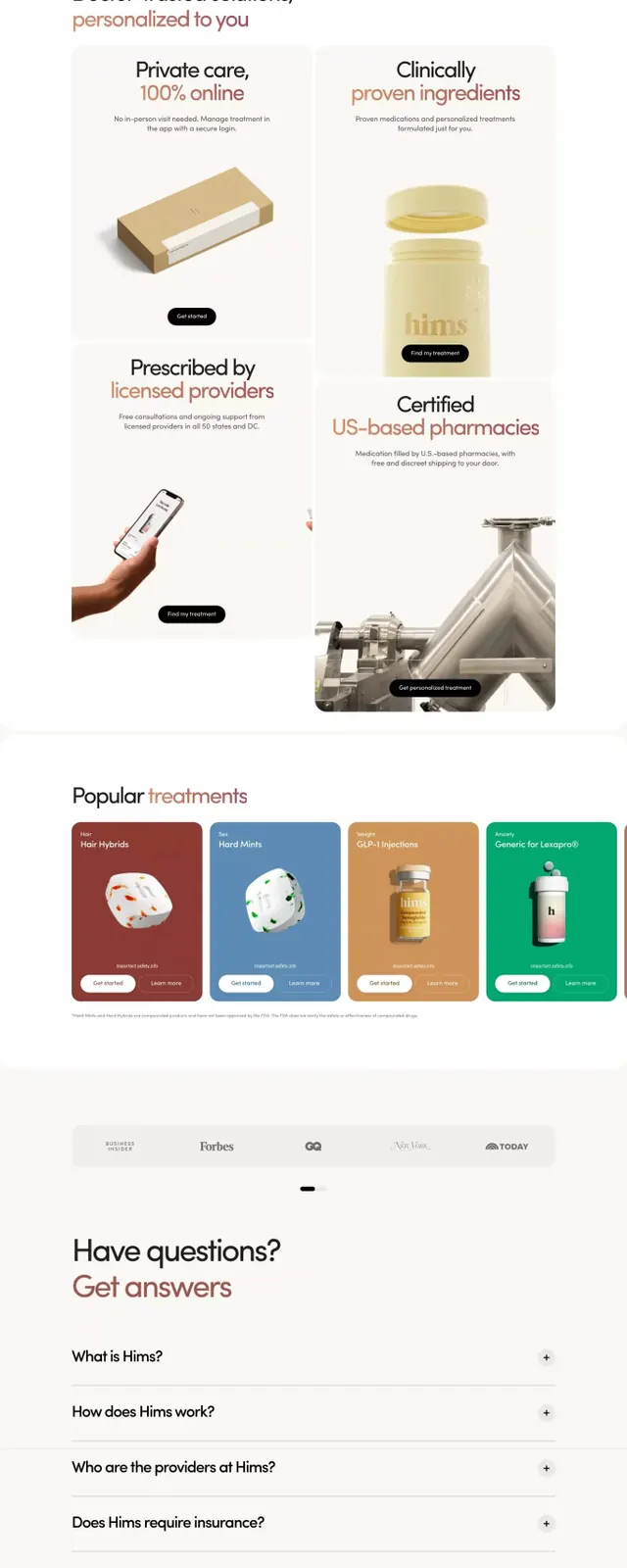 Healthcare long-form page with product modules, minimal, corporate-clean, light