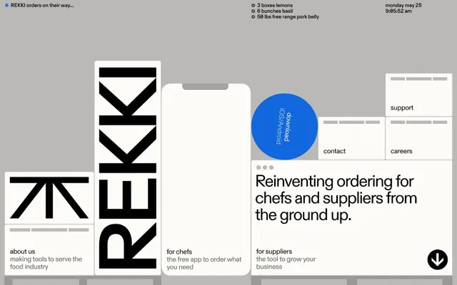 REKKI food-service ordering platform layout, minimal, corporate-clean, dark