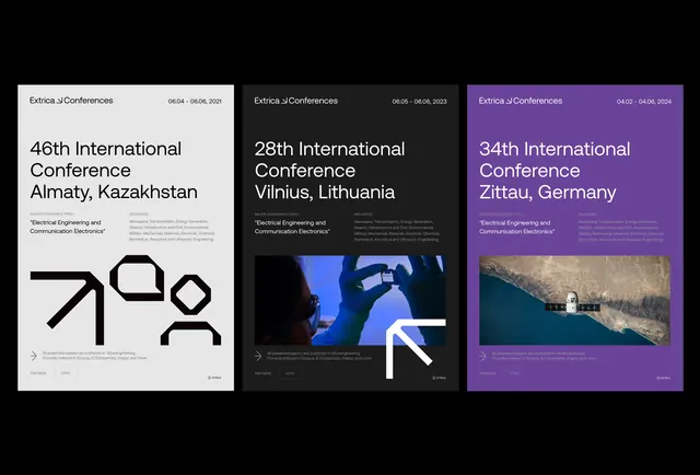 Minimal conference poster triptych with geometric accents, corporate-clean, technical, dark