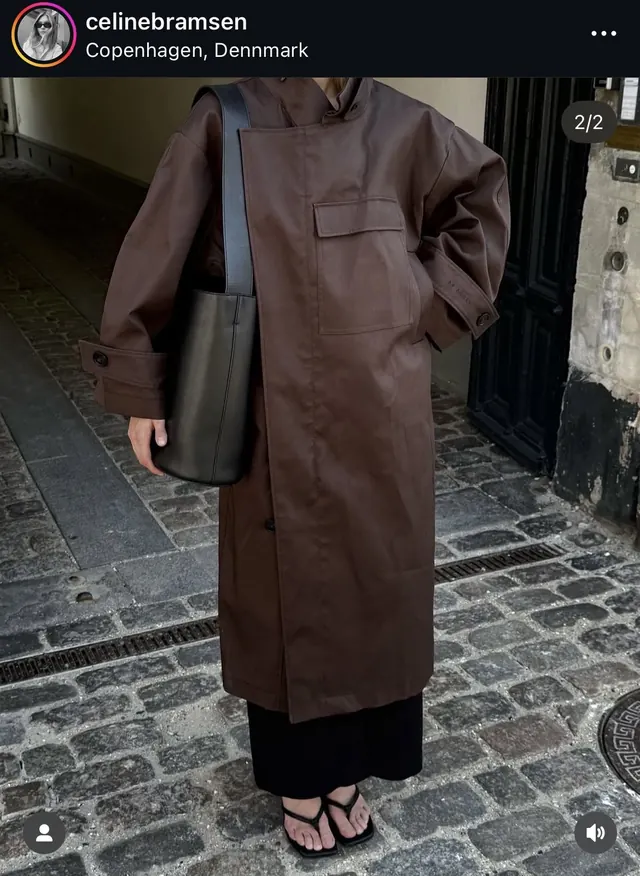 Minimal street-style trench coat and bag pairing, minimal, monochrome, dark