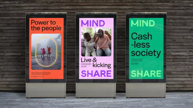 Three-panel social campaign display, minimal, boxed, dark