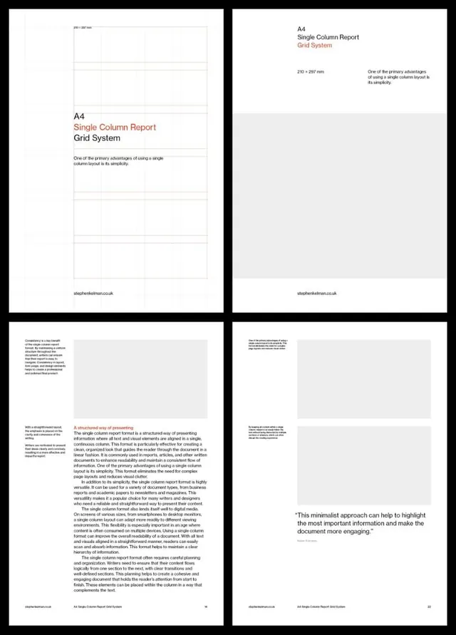 A4 single-column report grid system documentation, minimal, corporate-clean, light