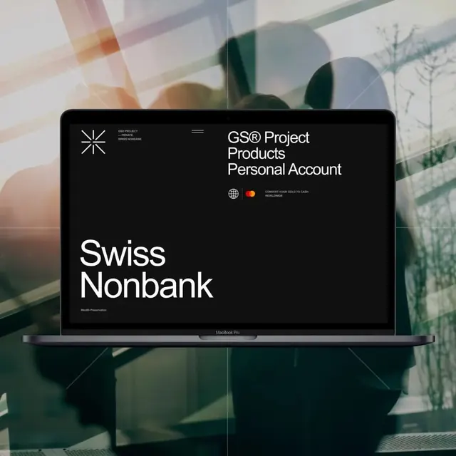 Swiss Nonbank fintech interface mockup with atmospheric backdrop, corporate-clean, minimal, dark