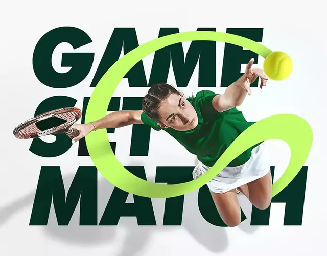 Tennis player in neon-green motion with bold blocky type overlay, minimal, photographic, dark