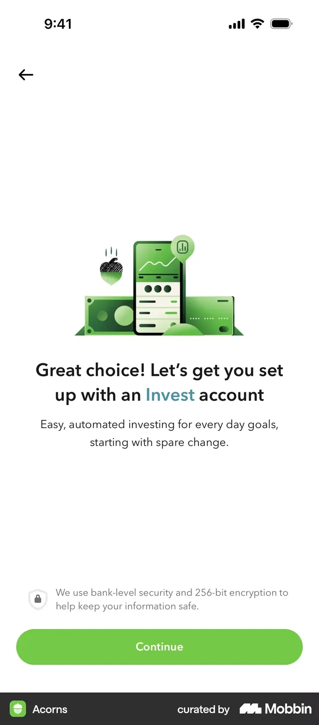 Acorns investment app onboarding screen, minimal, flat, light
