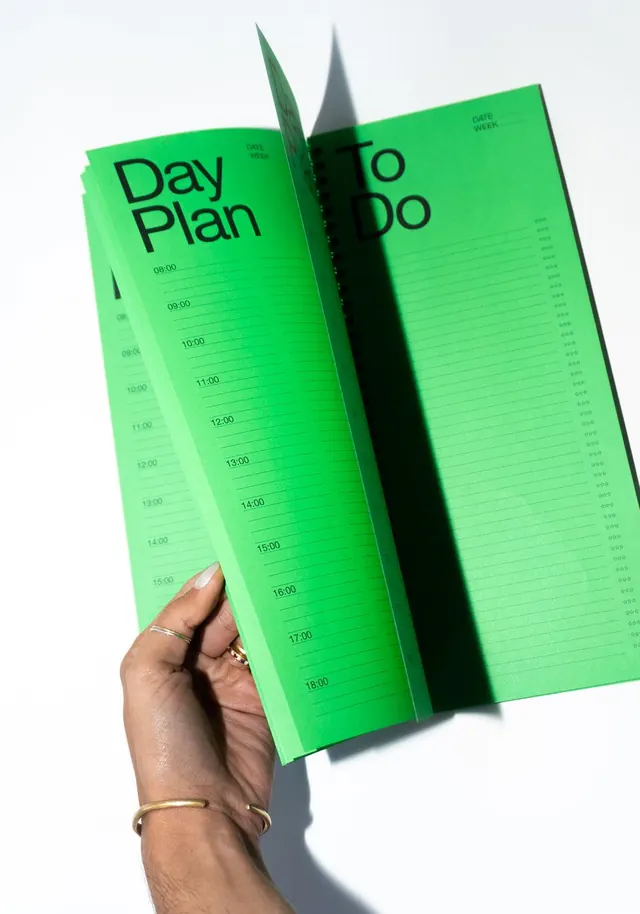 Lime-green planner daily schedule mockup with shadows, minimal, playful, light