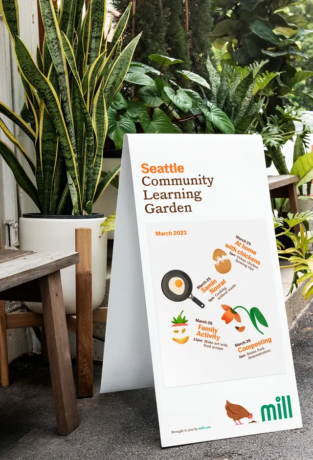 Seattle Community Learning Garden event poster, organic, minimal, earthy