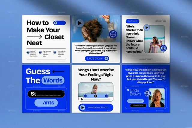 Presentation grid with bright blue templates, minimal, flat, light
