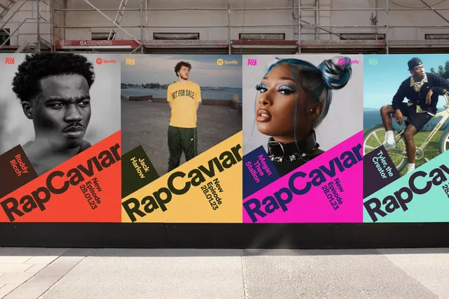 RapCaviar playlist billboard with diagonal typography, maximalist, gradient-heavy, dark