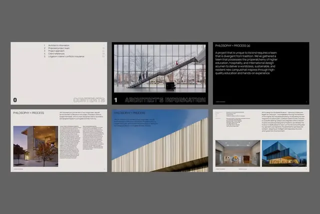 Architecture portfolio deck: contents, staircase photography, and minimalist layout, minimal, corporate-clean, light
