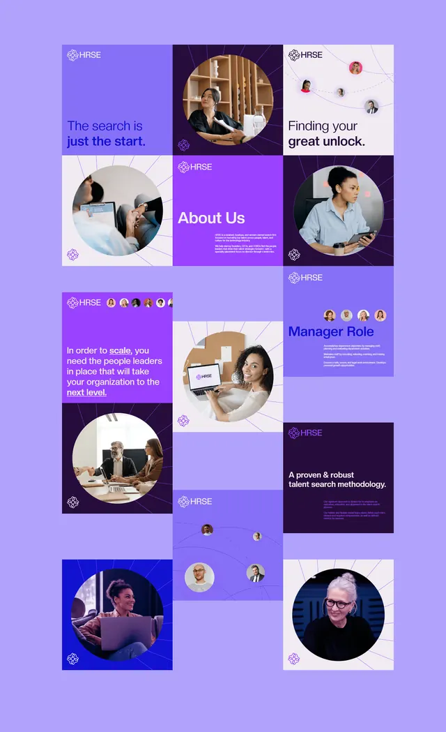 Purple grid system with circular portraits and branded modules, corporate-clean, minimal, light