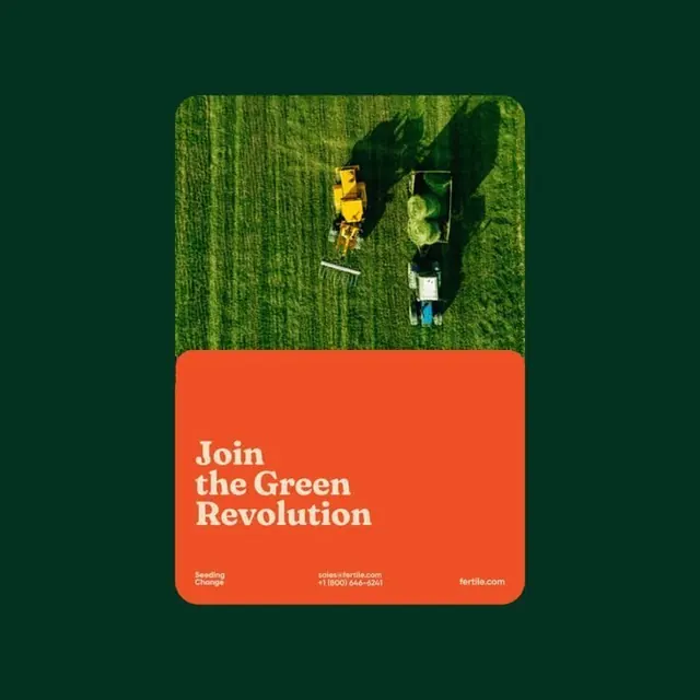 Agritech aerial photography with bold color-block call-to-action, corporate-clean, minimal, dark