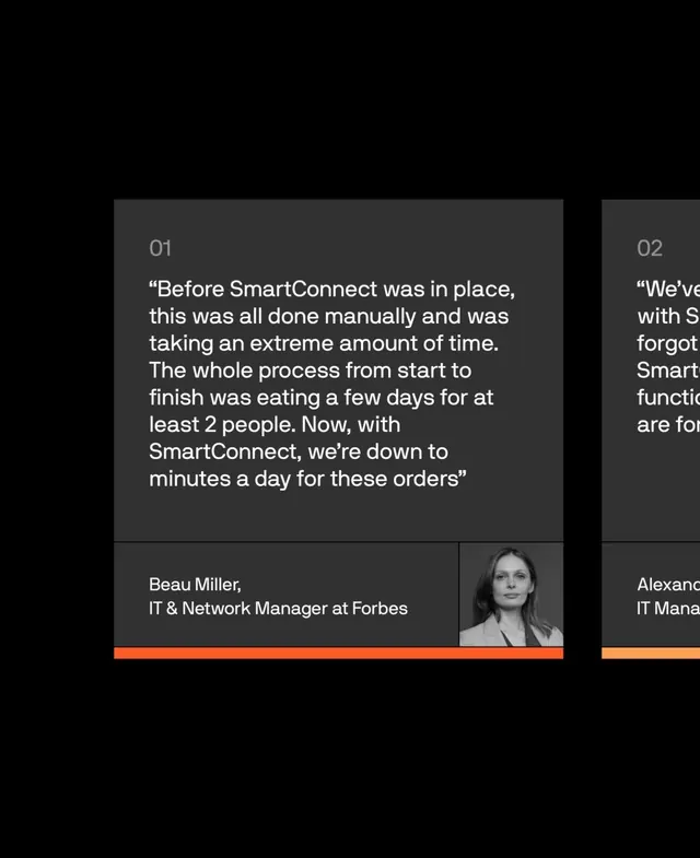 Dark testimonial slide with portrait and colored accent bar, corporate-clean, minimal, dark