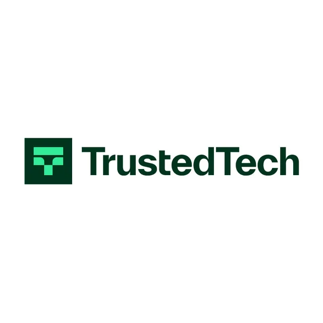 TrustedTech logo with stacked geometric mark, minimal, corporate-clean, dark