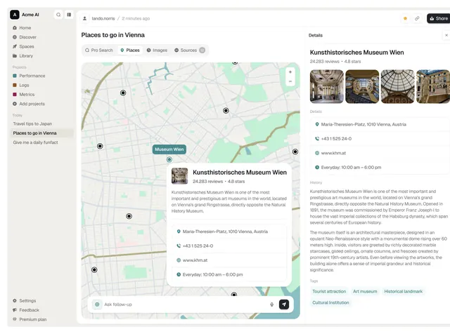 Museum directory app split-view UI layout, minimal, flat, light