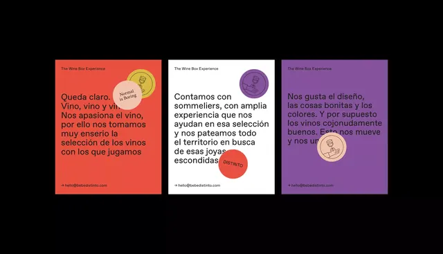 Wine brand tri-panel color-blocked cards, flat, minimal, warm
