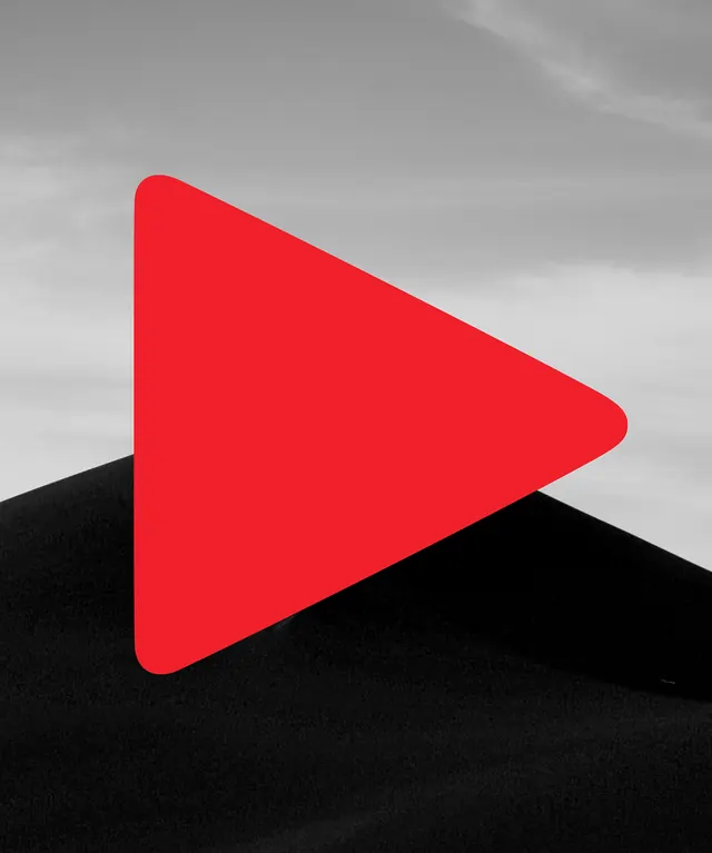 Geometric red play button on textured background, minimal, geometric, dark