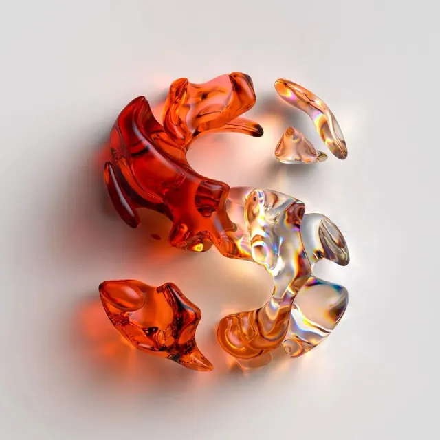 Red and amber glass sculpture with iridescent accents, 3d-render, gradient-heavy, warm